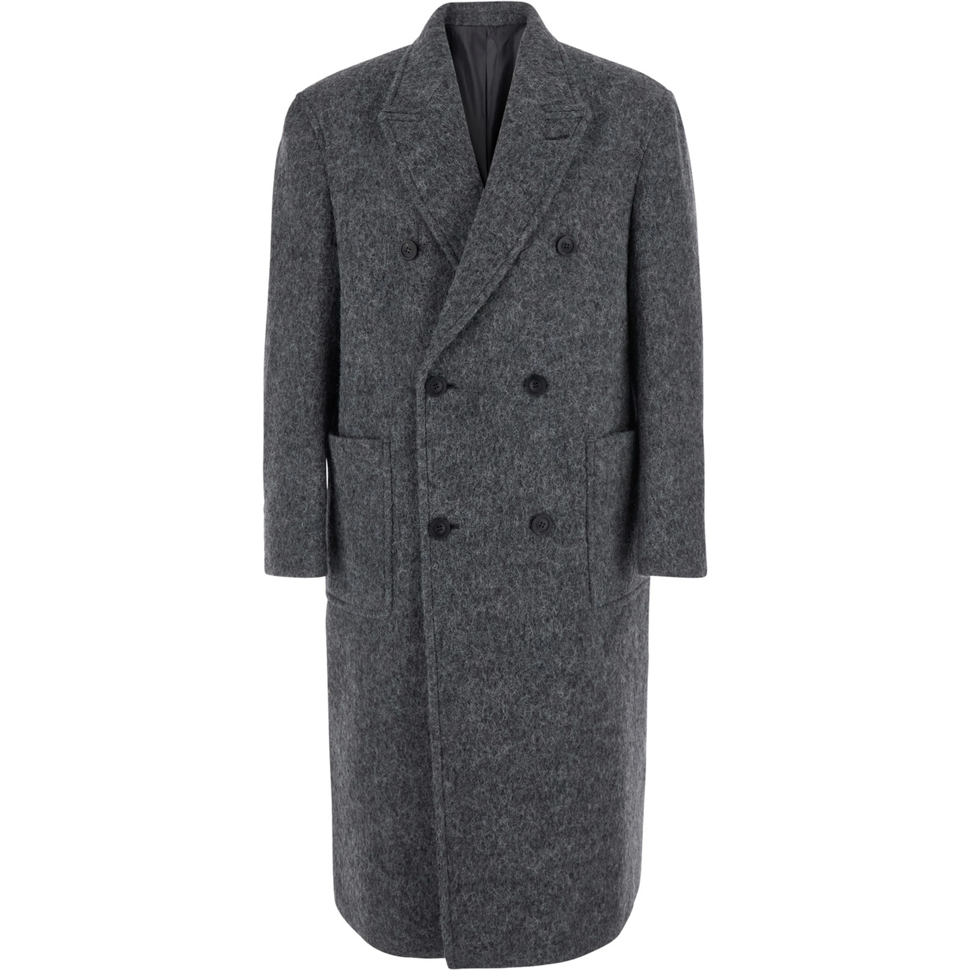 HAIRY PEAKED LAPEL DOUBLE COAT with notched revers and long sleeves. Made of wool, nylon, polyester, and alpaca. Color gray. Men.