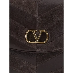 Djuna Brown Medium Crossbody bag with two chain handles and VLogo plaque on the front in leather and suede for women