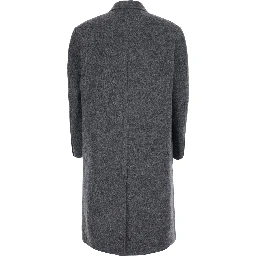 HAIRY PEAKED LAPEL DOUBLE COAT with notched revers and long sleeves. Made of wool, nylon, polyester, and alpaca. Color gray. Men.