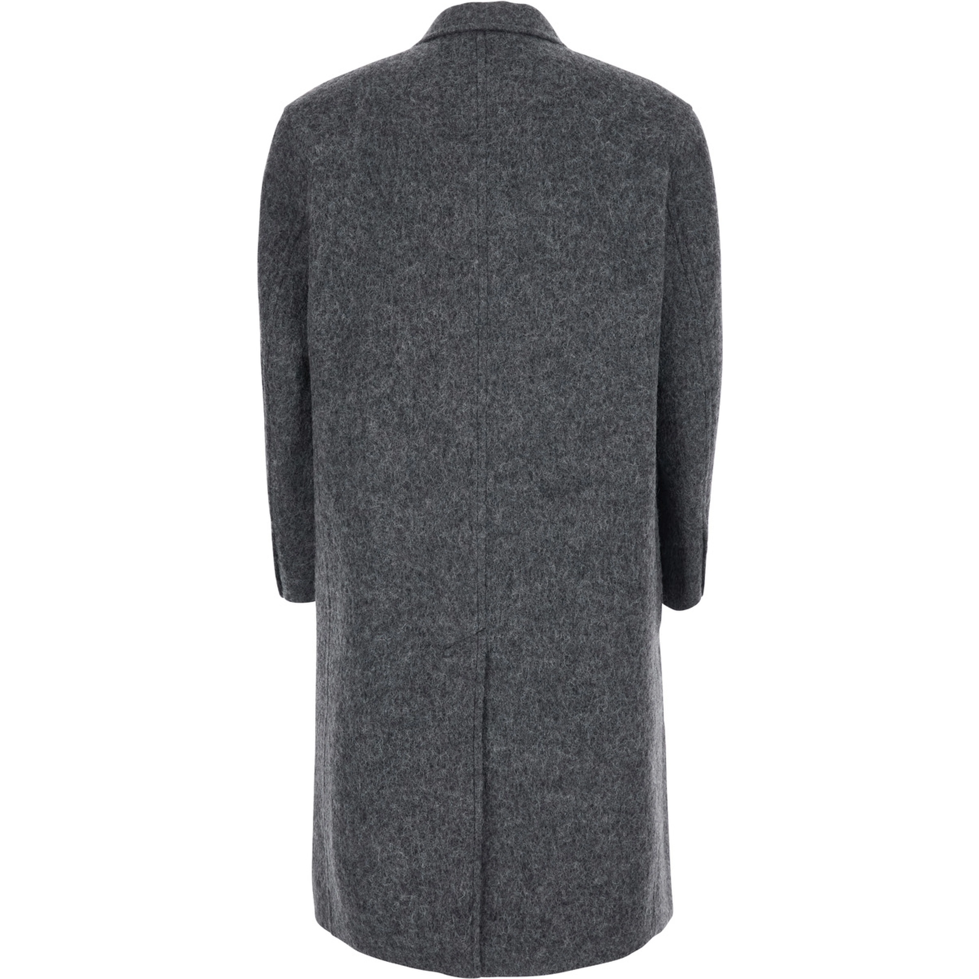 HAIRY PEAKED LAPEL DOUBLE COAT with notched revers and long sleeves. Made of wool, nylon, polyester, and alpaca. Color gray. Men.