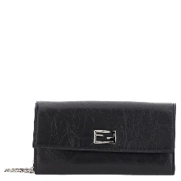 Black Crossbody bag with chain strap and FF plate on the front in leather for women