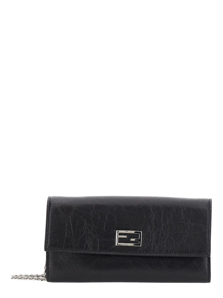 Black Crossbody bag with chain strap and FF plate on the front in leather for women