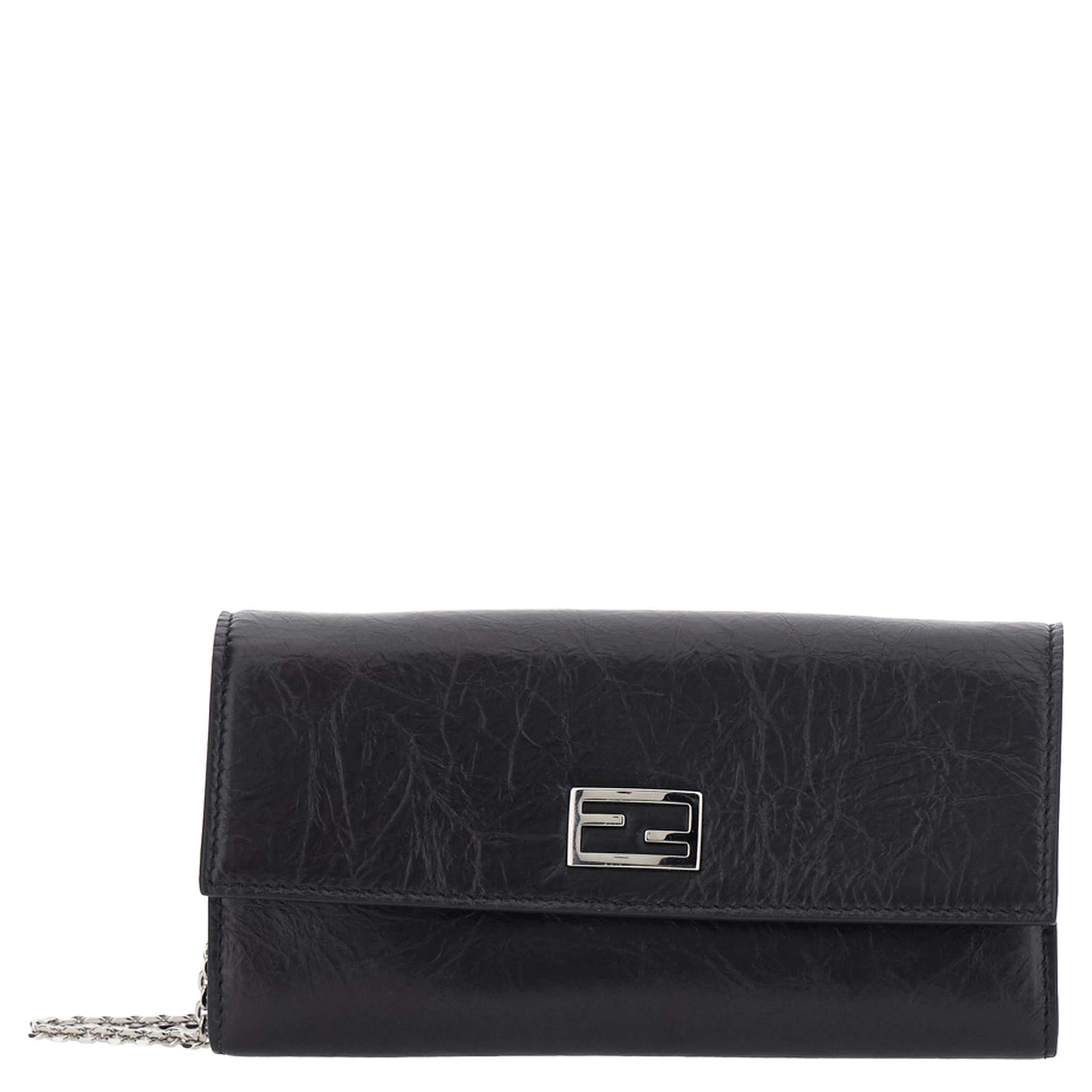 Black Crossbody bag with chain strap and FF plate on the front in leather for women