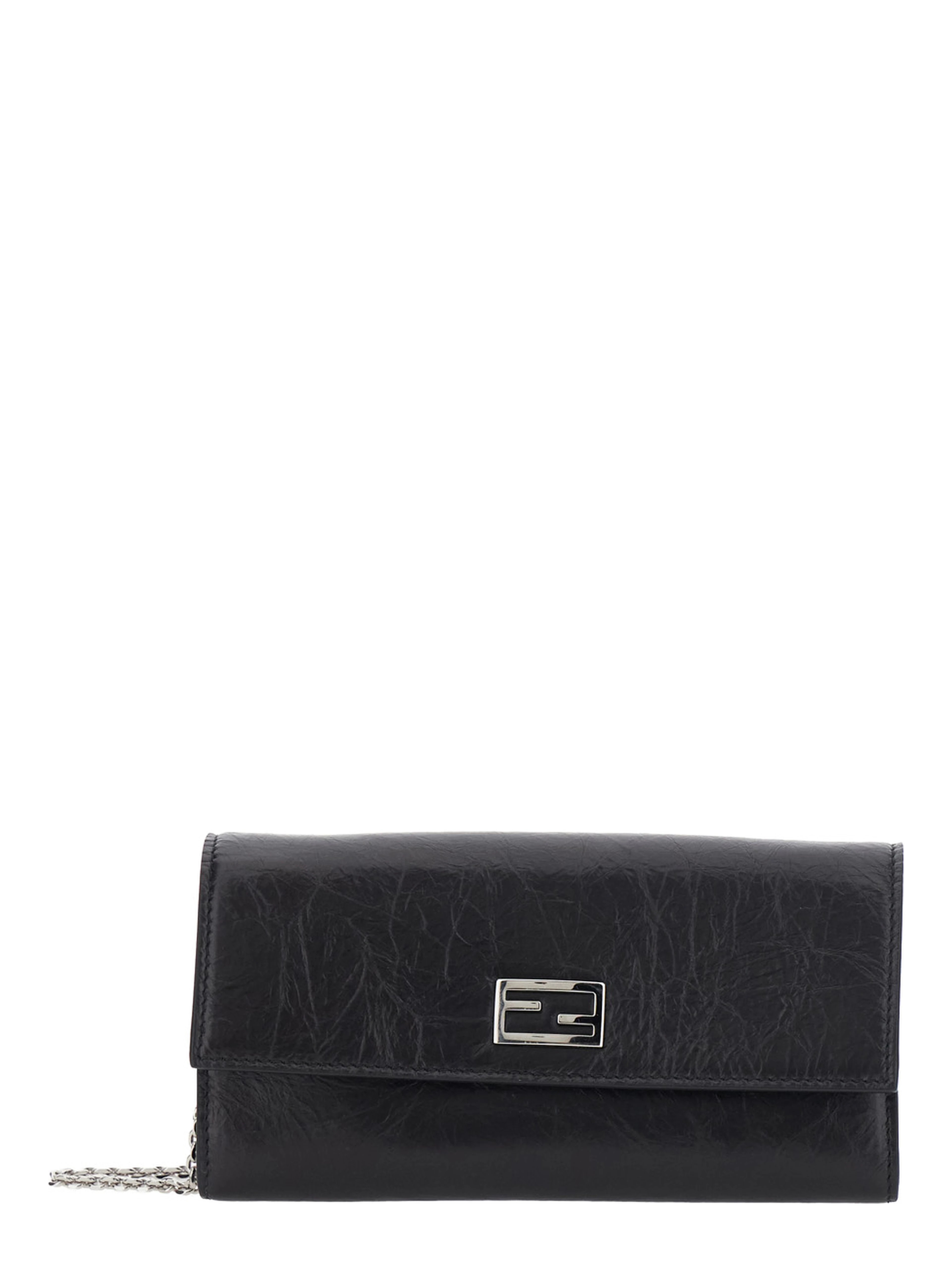 Black Crossbody bag with chain strap and FF plate on the front in leather for women