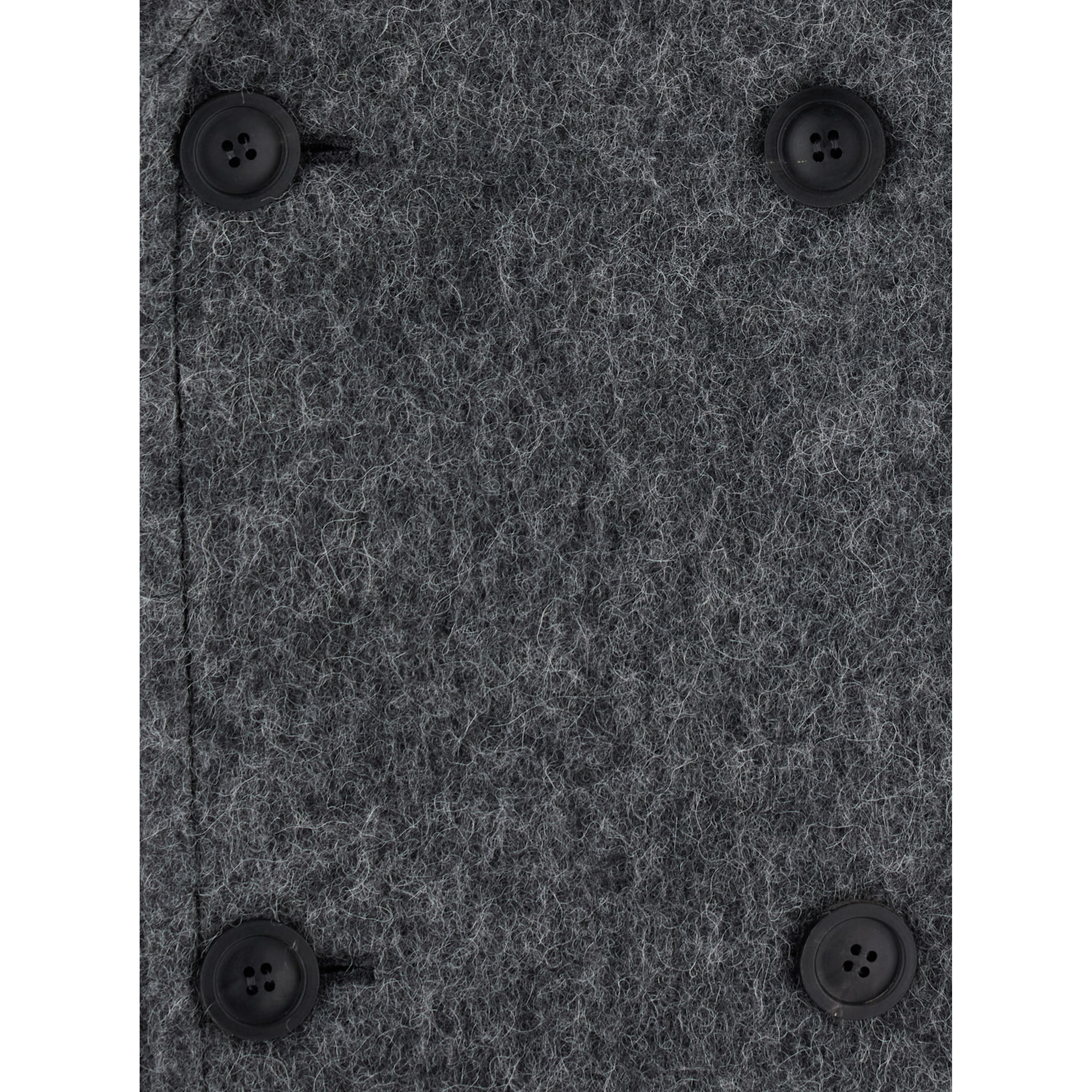 HAIRY PEAKED LAPEL DOUBLE COAT with notched revers and long sleeves. Made of wool, nylon, polyester, and alpaca. Color gray. Men.