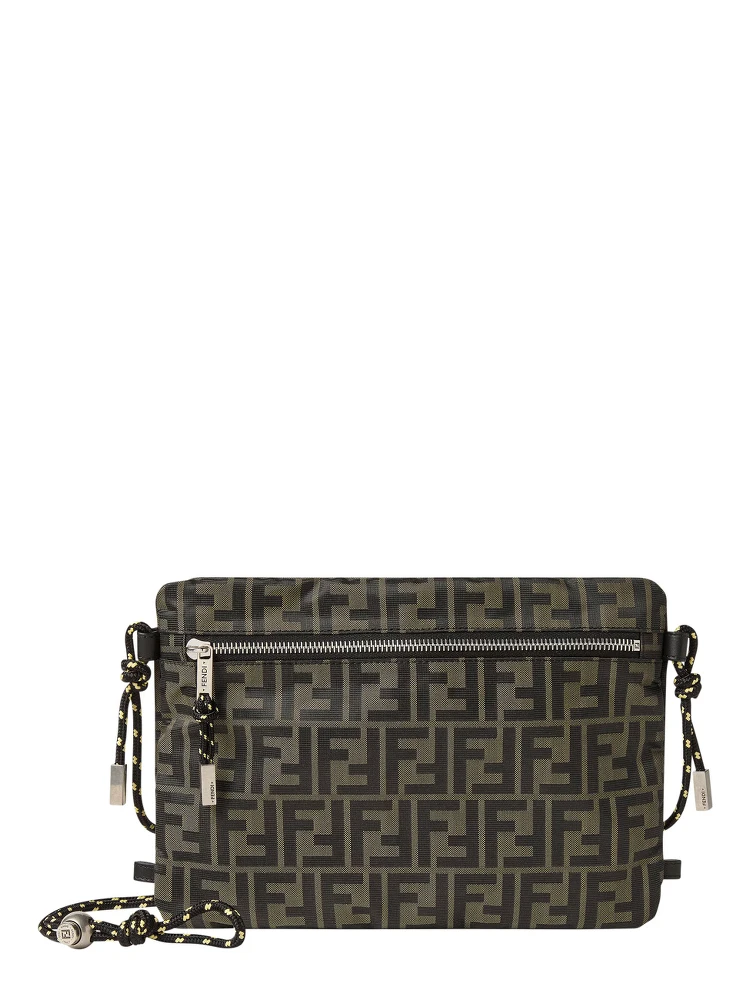 Brown Clutch bag with rope shoulder strap and zip closure in FF canvas for women