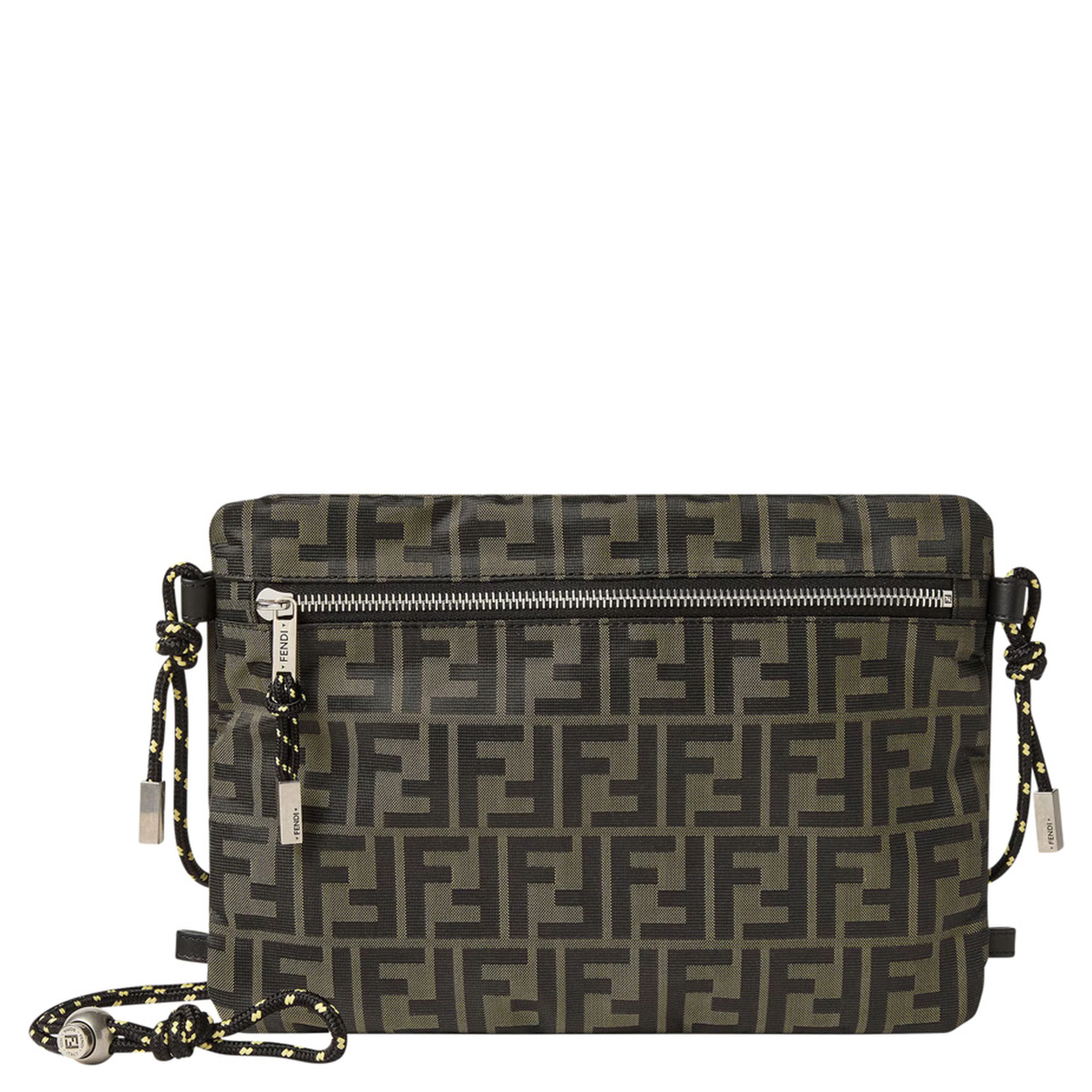 Brown Clutch bag with rope shoulder strap and zip closure in FF canvas for women