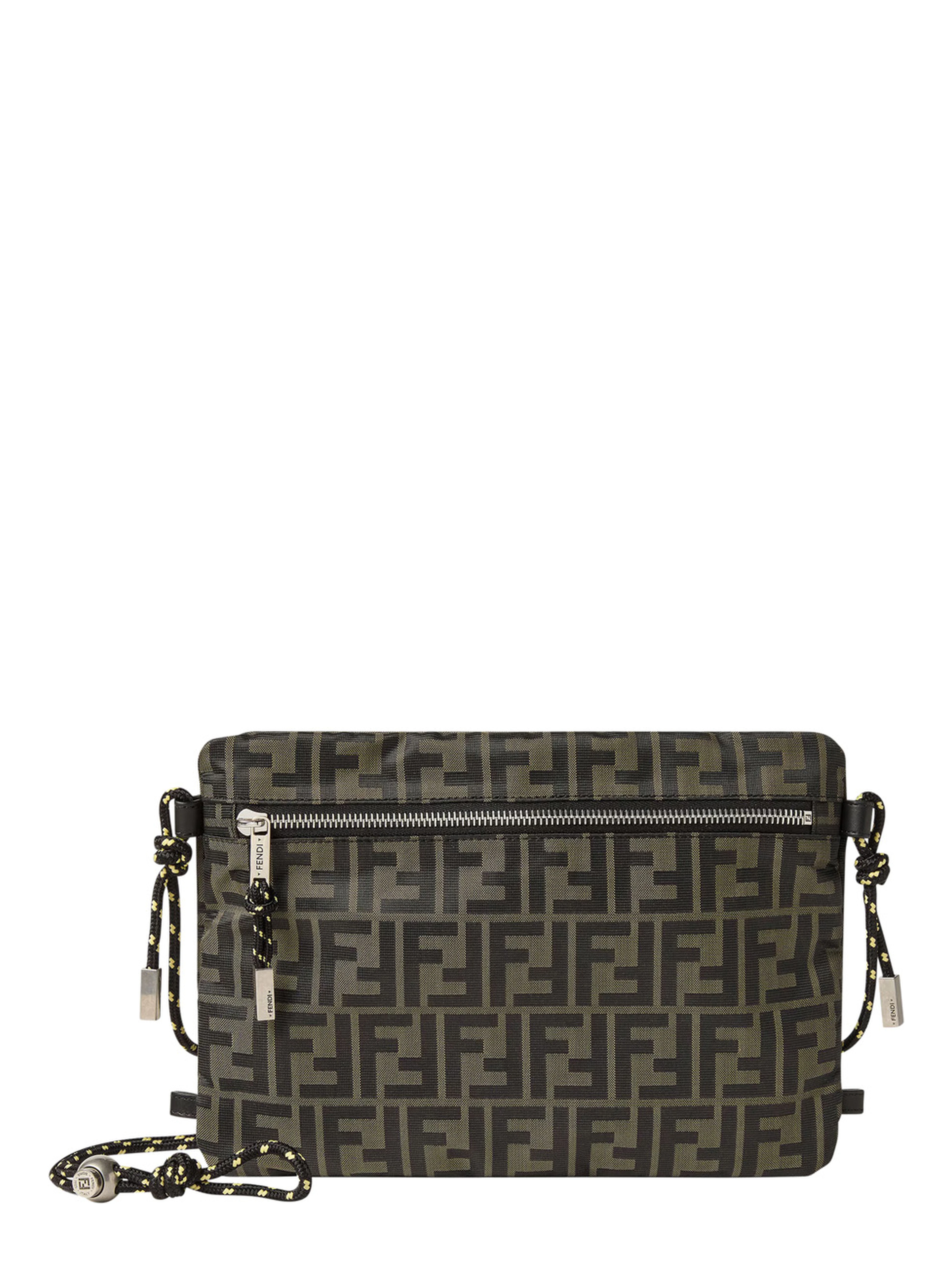 Brown Clutch bag with rope shoulder strap and zip closure in FF canvas for women