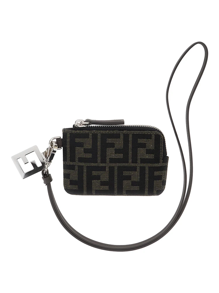 Brown Cardholder with FF all-over Motif in Leather and Fabric for men
