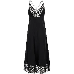Black Midi Dress with Lace Details and V-Neck in Silk for Women