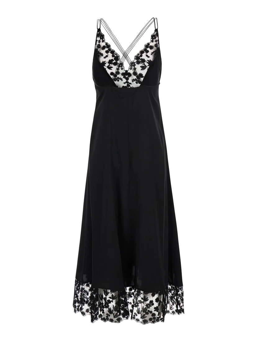 Black Midi Dress with Lace Details and V-Neck in Silk for Women