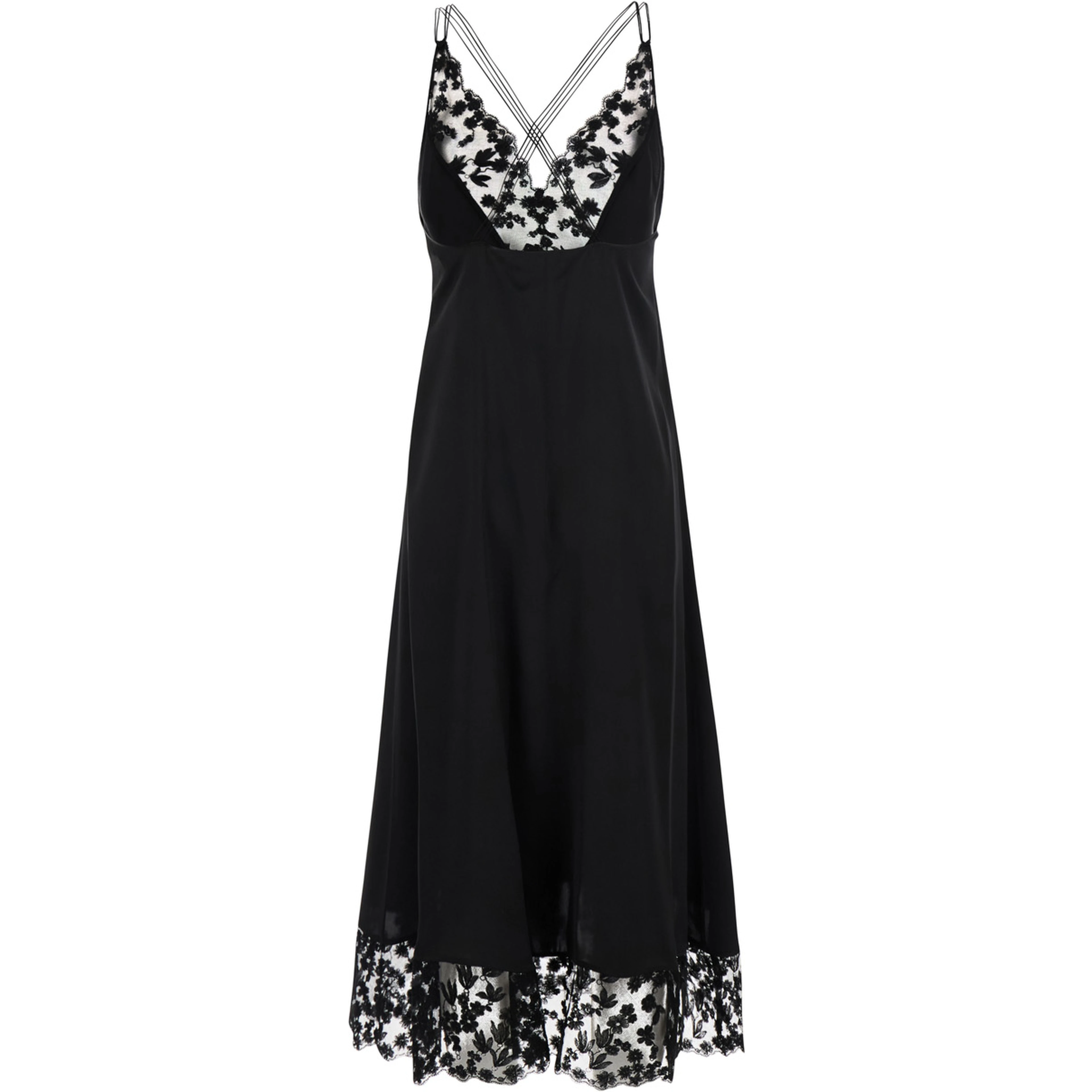 Black Midi Dress with Lace Details and V-Neck in Silk for Women