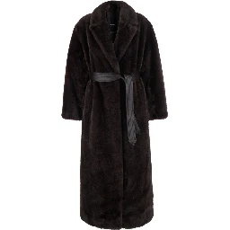 Brown coat with lapel collar and waist belt in faux fur women