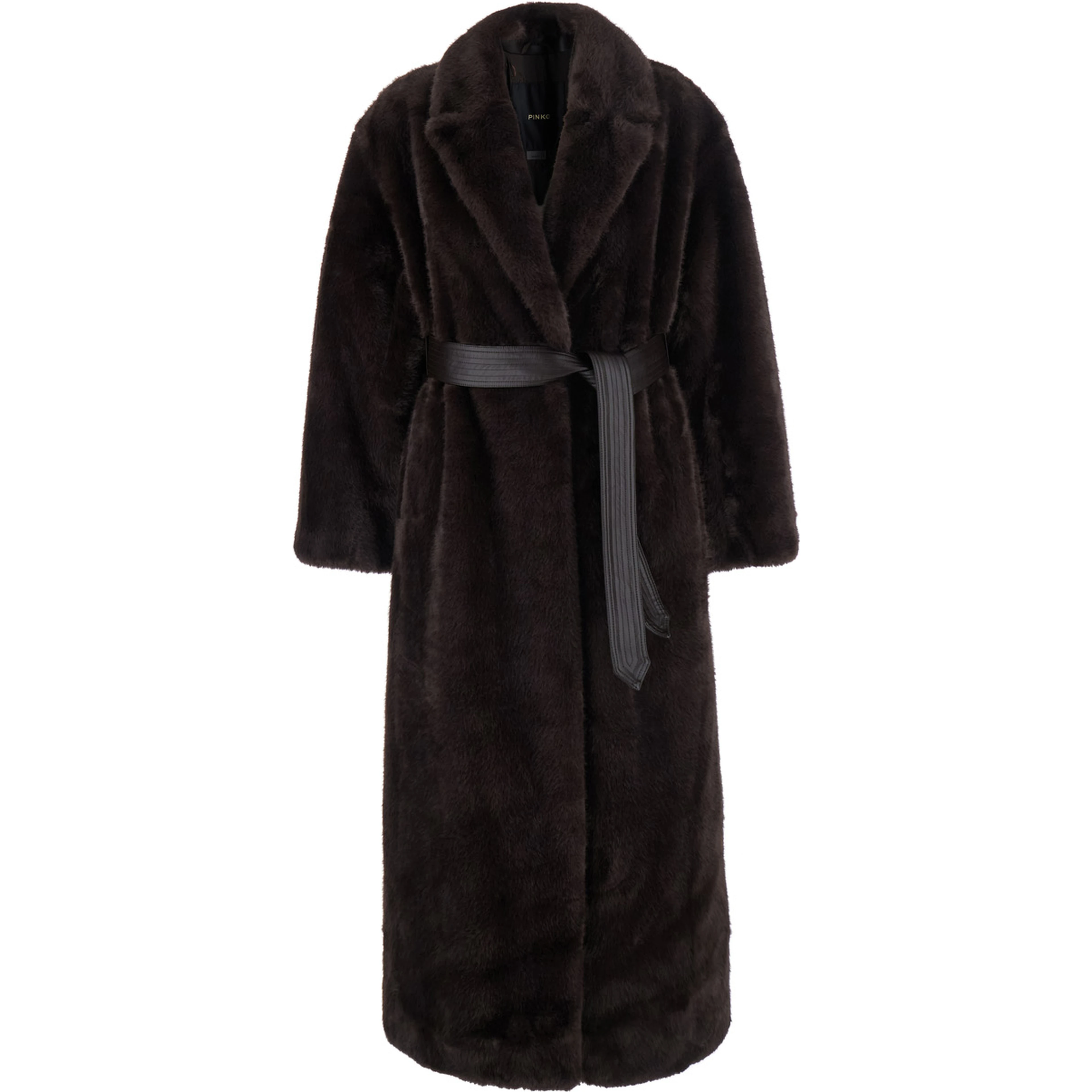 Brown coat with lapel collar and waist belt in faux fur women
