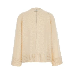 Beige V-Neck Sweater with Ribbed Finishes in Wool and Cashmere for Women