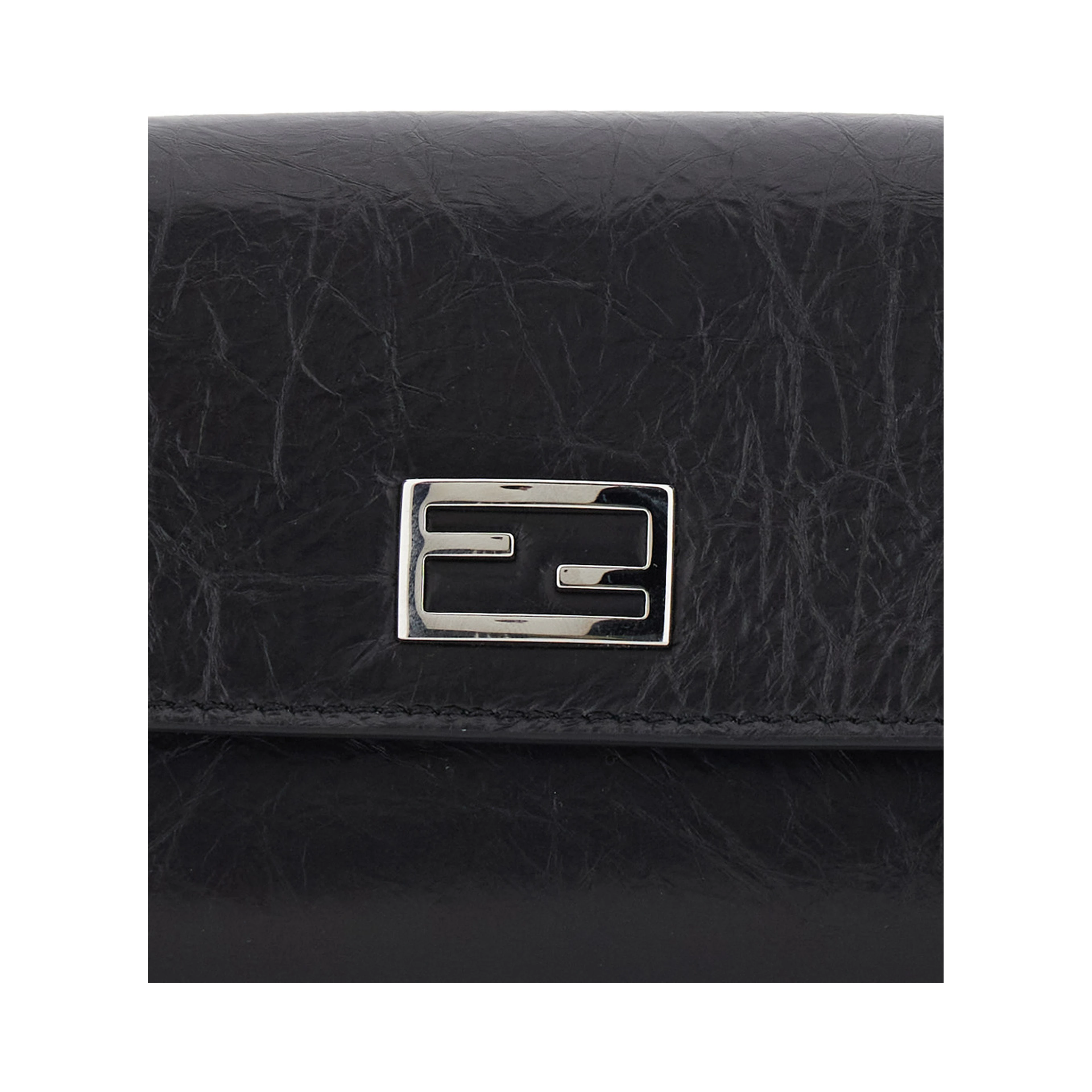 Black Crossbody bag with chain strap and FF plate on the front in leather for women