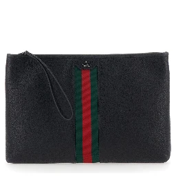 Black pouch with wrist strap and Web detail in leather for men
