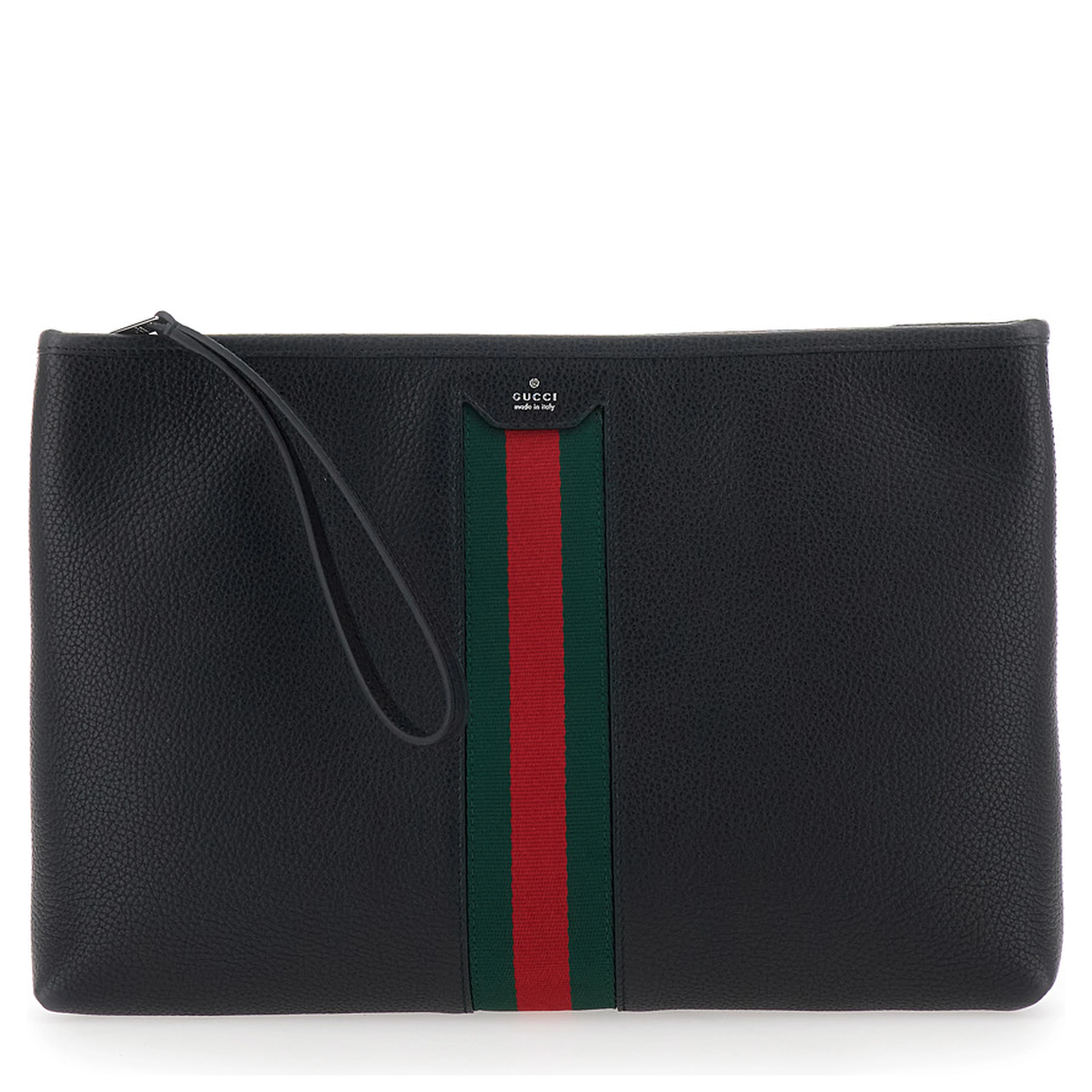 Black pouch with wrist strap and Web detail in leather for men