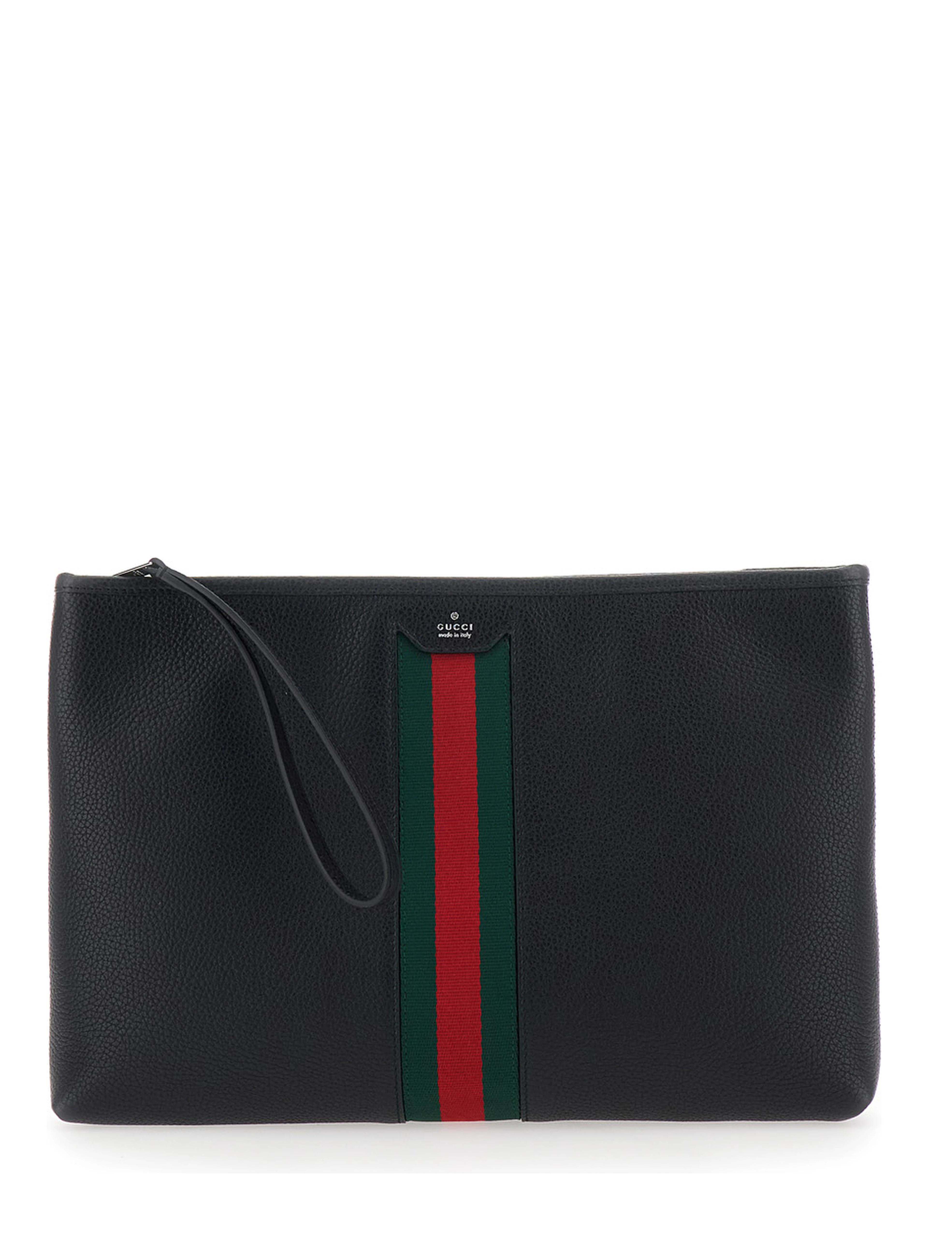 Black pouch with wrist strap and Web detail in leather for men