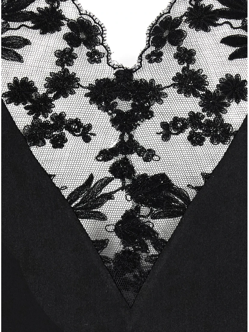 Black Midi Dress with Lace Details and V-Neck in Silk for Women