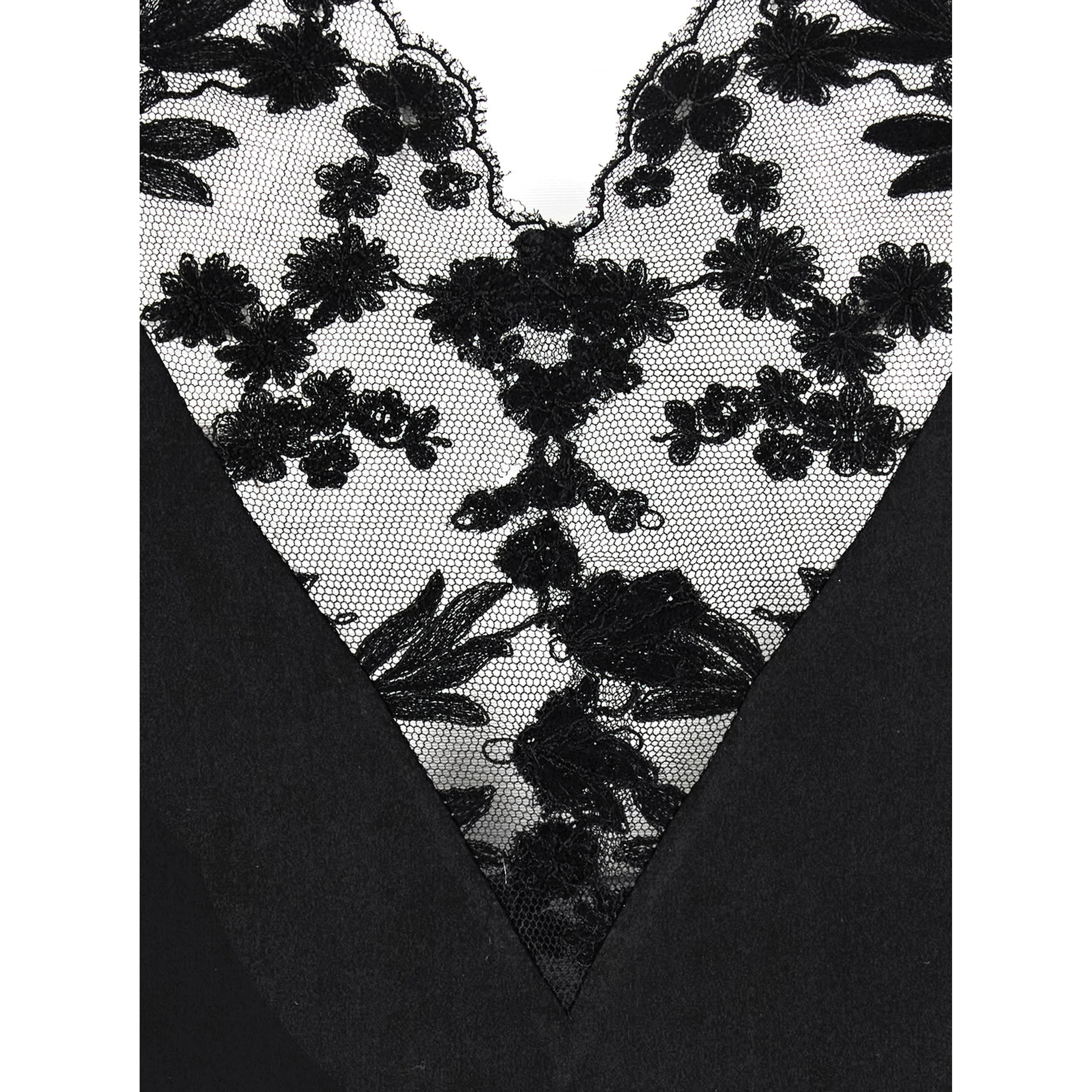 Black Midi Dress with Lace Details and V-Neck in Silk for Women