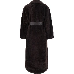 Brown coat with lapel collar and waist belt in faux fur women