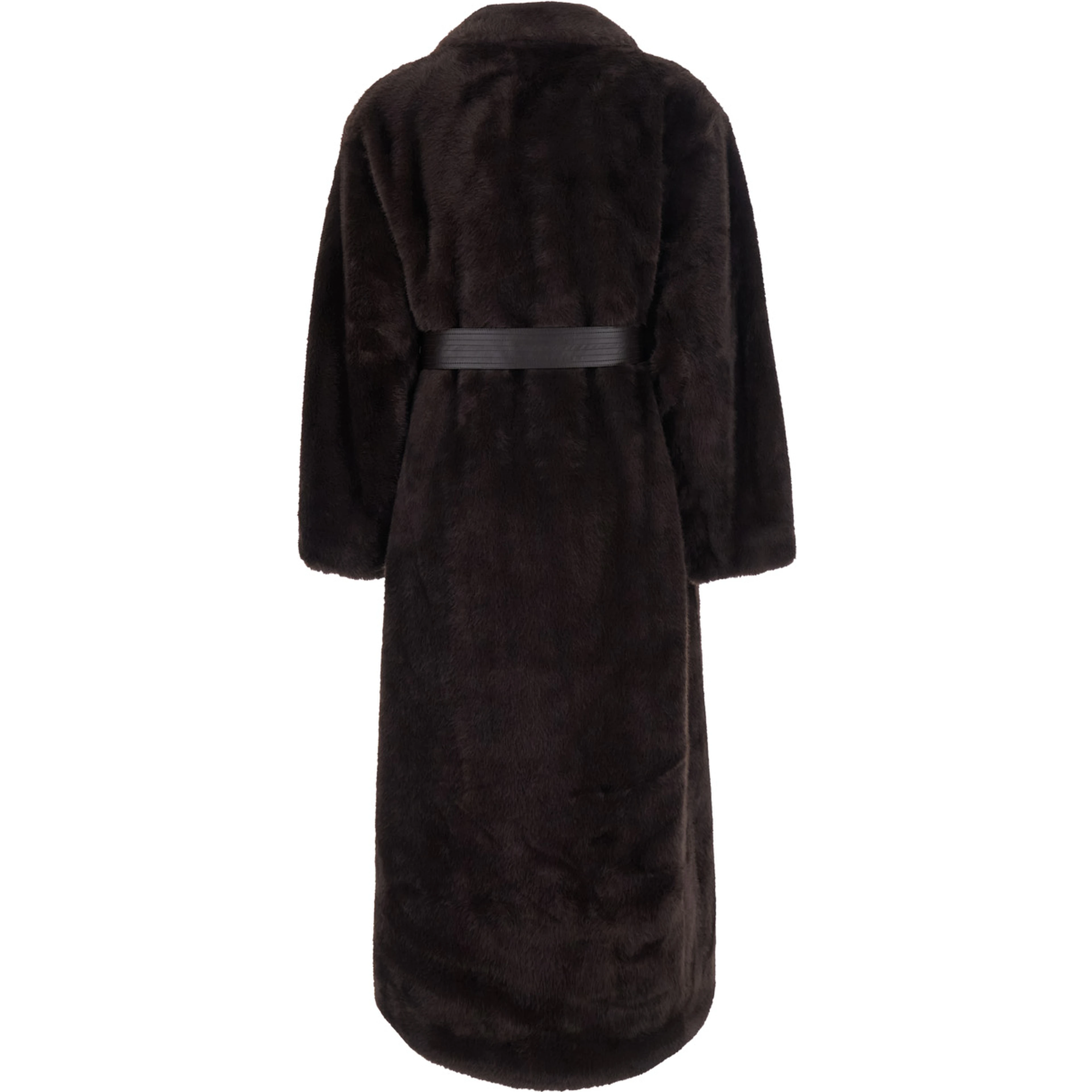 Brown coat with lapel collar and waist belt in faux fur women