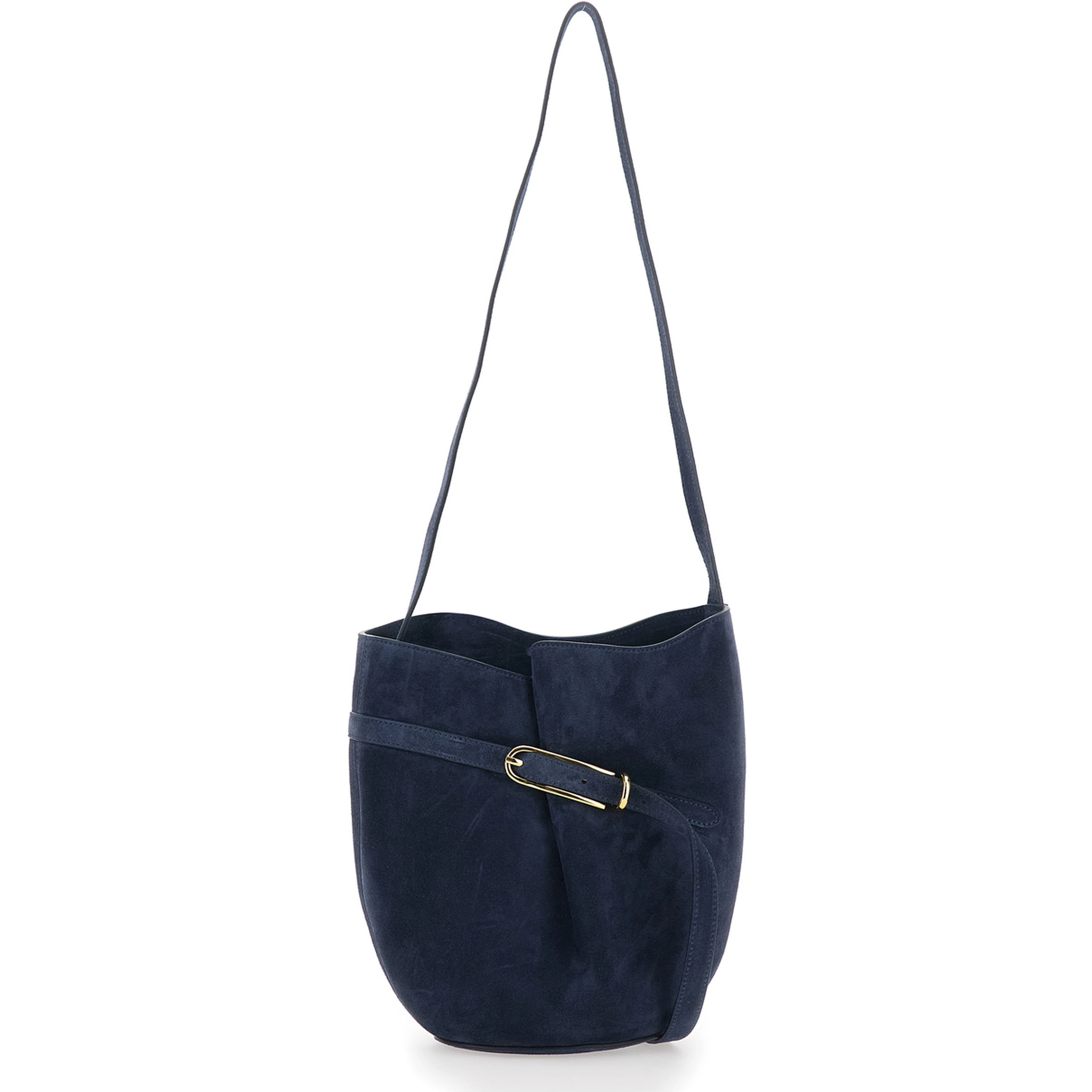 Blue Crossbody bag with shoulder strap and front buckle strap in suede for women