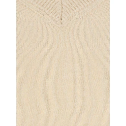 Beige V-Neck Sweater with Ribbed Finishes in Wool and Cashmere for Women