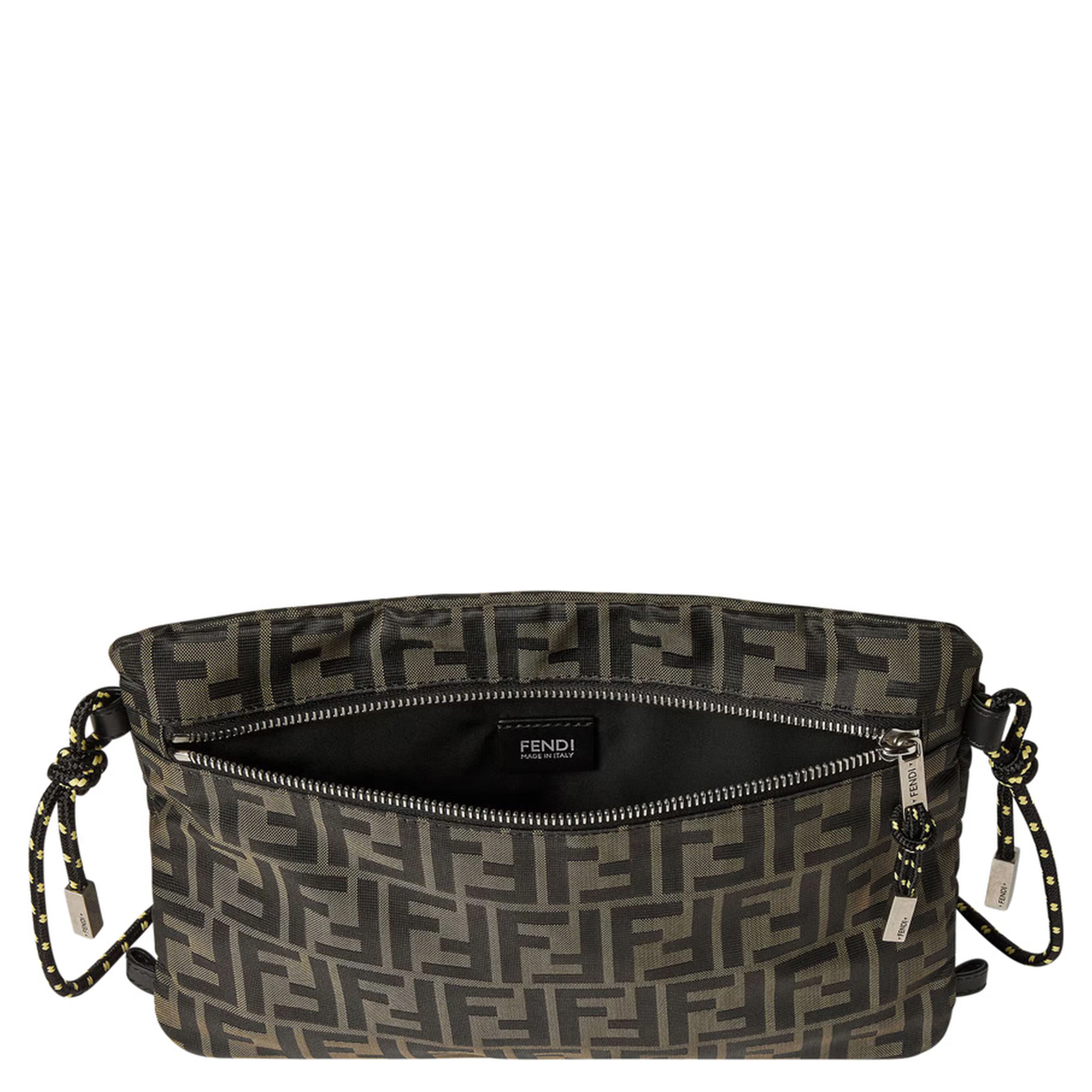 Brown Clutch bag with rope shoulder strap and zip closure in FF canvas for women
