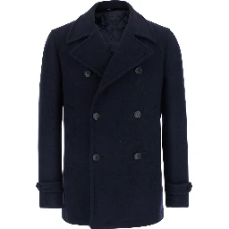 Blue Coat with Notched Revers and Button Front Closure in Wool Men