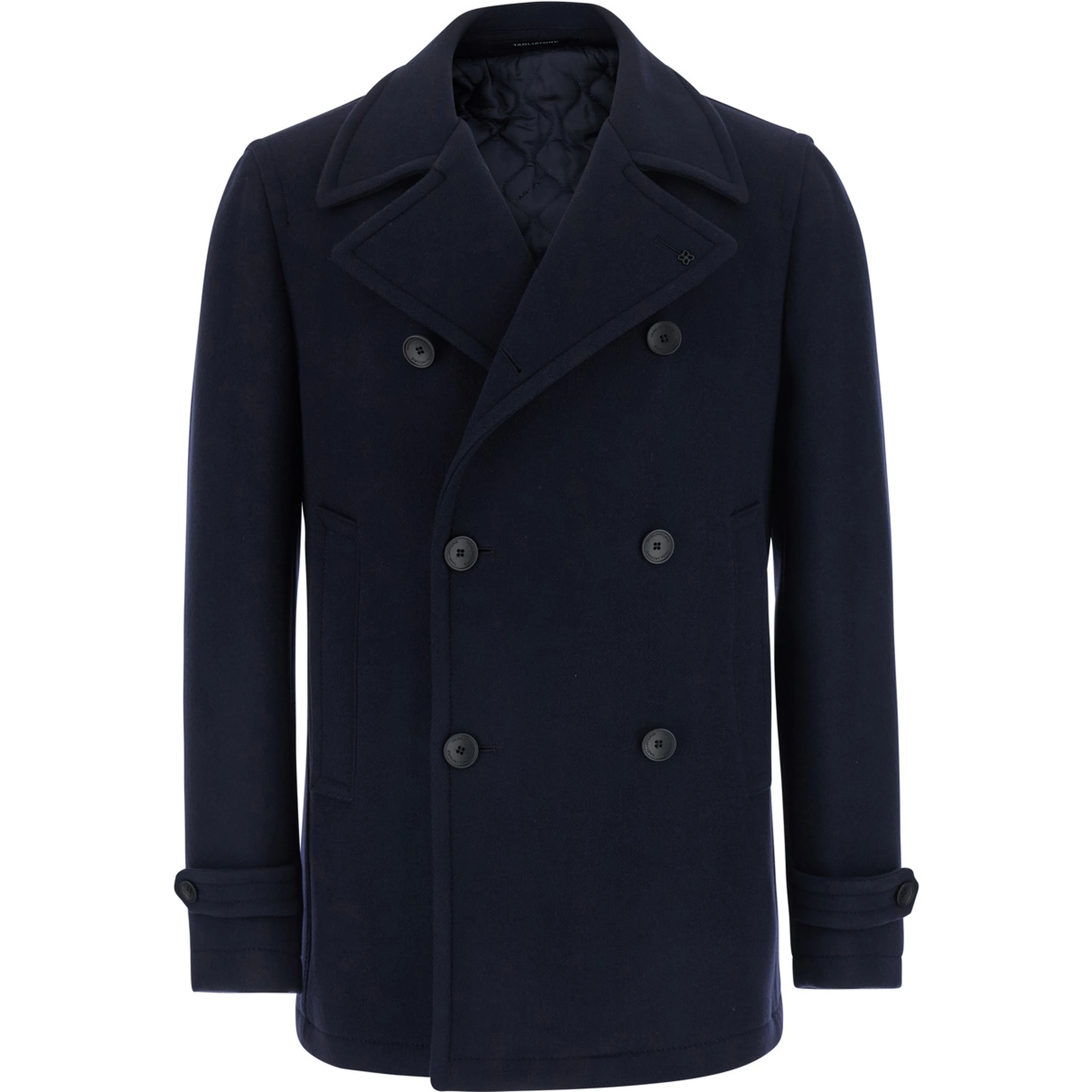 Blue Coat with Notched Revers and Button Front Closure in Wool Men
