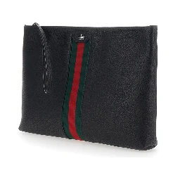 Black pouch with wrist strap and Web detail in leather for men