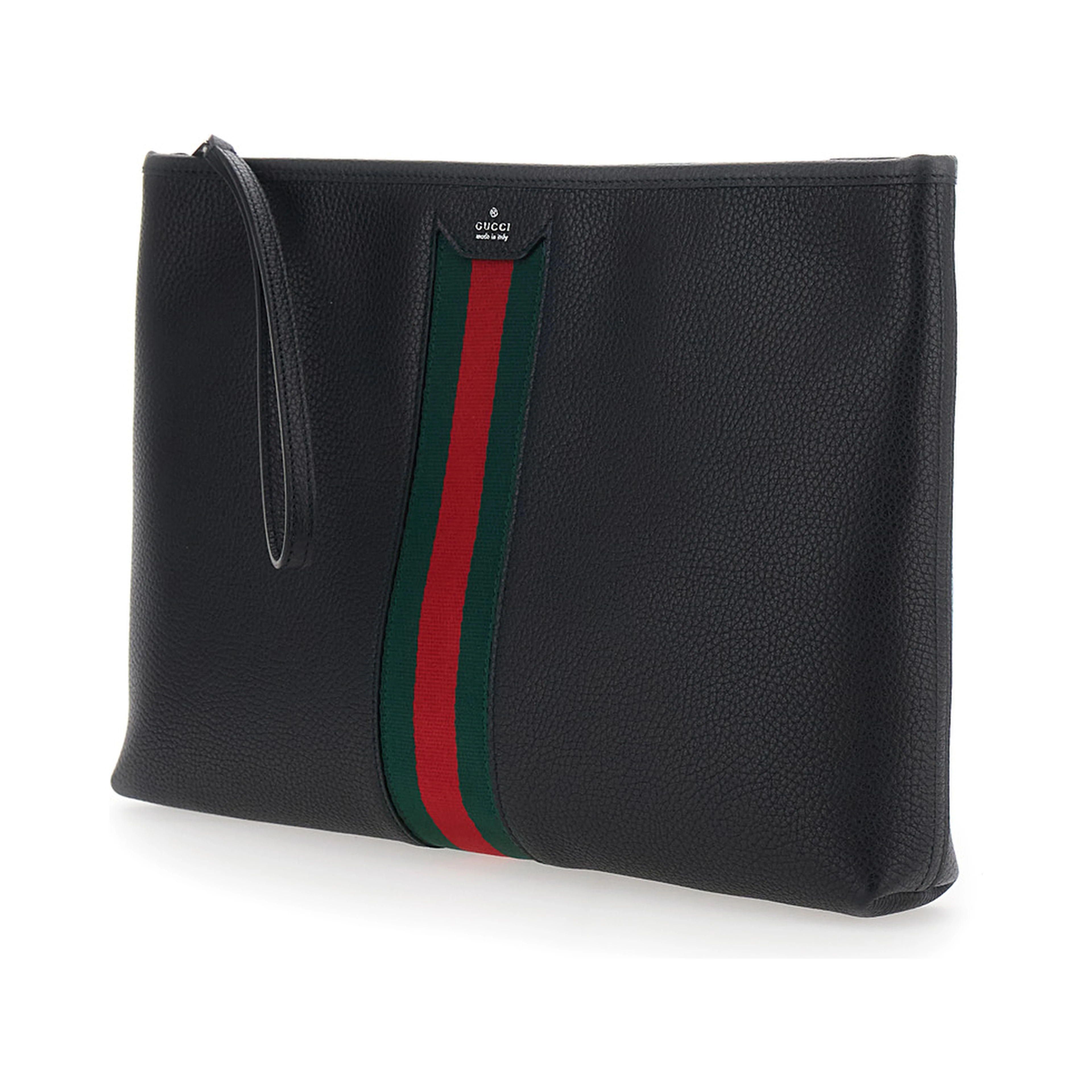 Black pouch with wrist strap and Web detail in leather for men