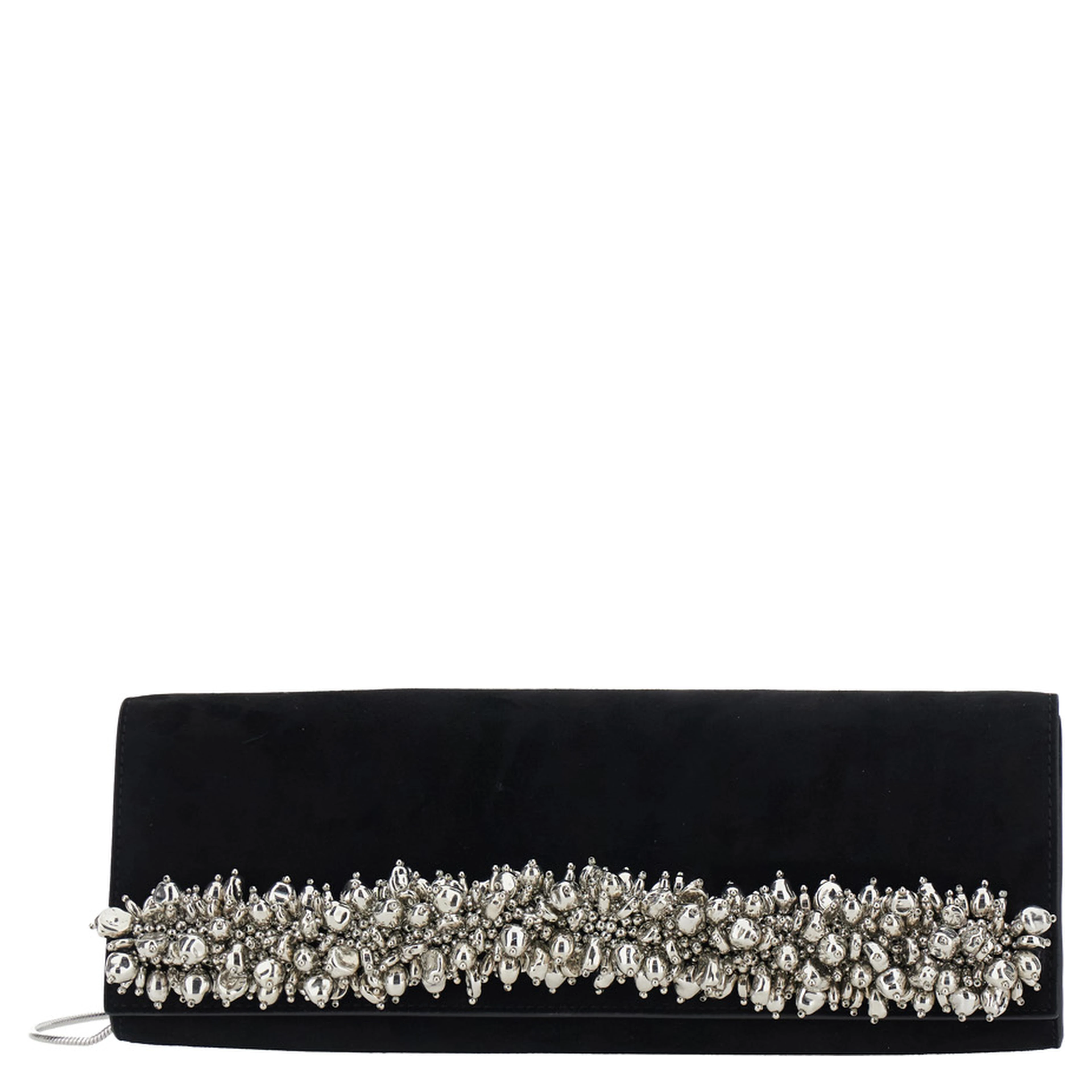 Black Pouch with Rhinestone Decorations and Chain-Link Shoulder Strap in Suede for Women