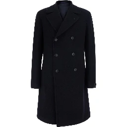 Arden Blue Double-breasted Coat with Notched Revers in Wool and Cashmere Men