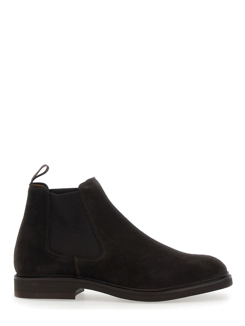 Brown ankle boots with elasticated side details in suede for men