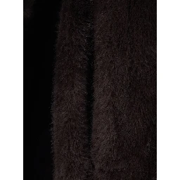 Brown coat with lapel collar and waist belt in faux fur women