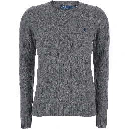 Grey Crewneck Sweater with Pony Embroidery on the Front and Cable Knit in Wool and Cashmere for Women