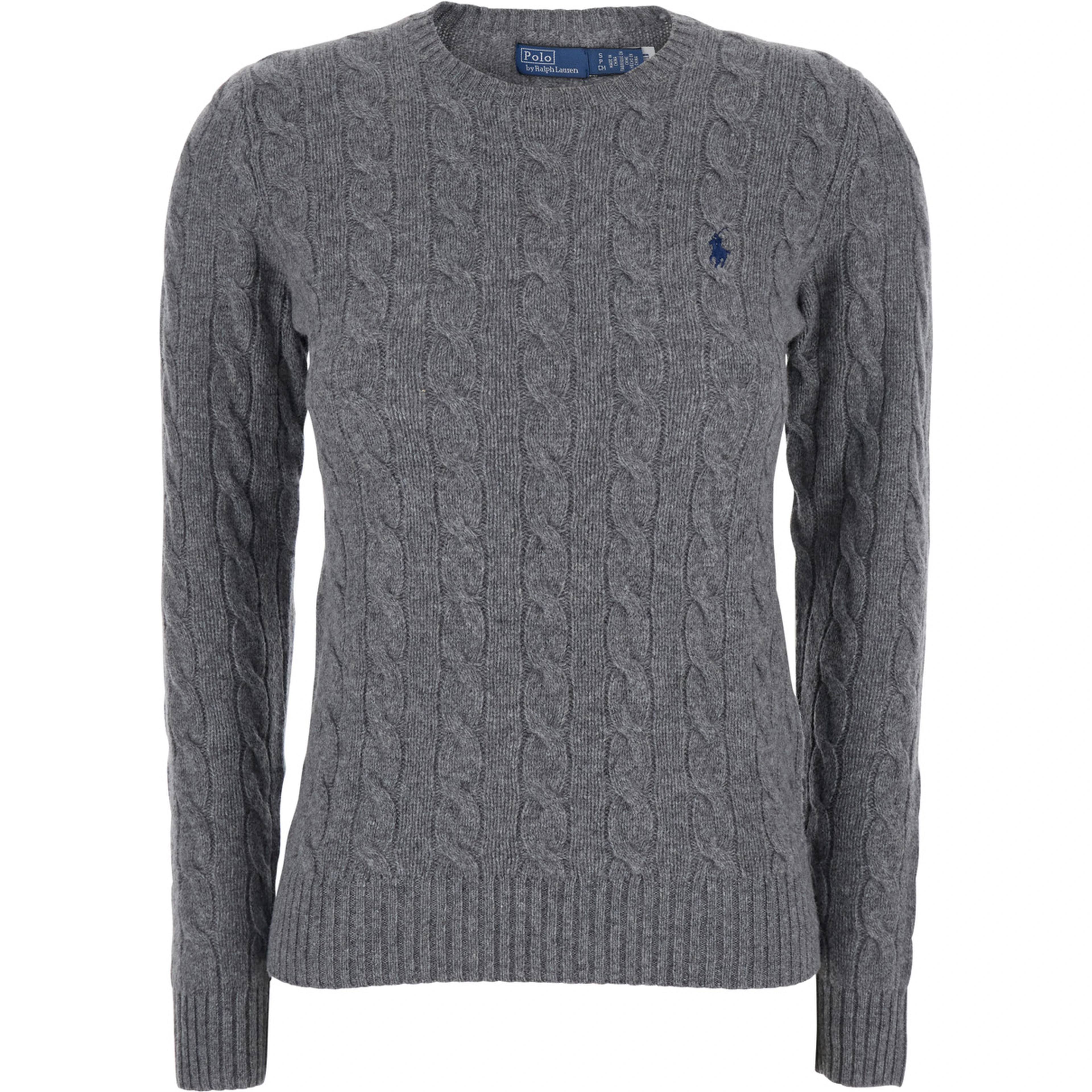 Grey Crewneck Sweater with Pony Embroidery on the Front and Cable Knit in Wool and Cashmere for Women