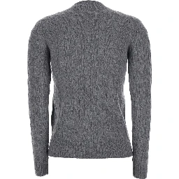 Grey Crewneck Sweater with Pony Embroidery on the Front and Cable Knit in Wool and Cashmere for Women