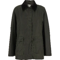 Green Jacket with Ribbed Collar and Double Vent on the Back in Cotton for Women