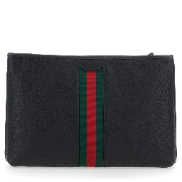 Black pouch with wrist strap and Web detail in leather for men