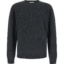 Gray Crew Neck Sweater with Ribbed Details in Blend Wool for Men