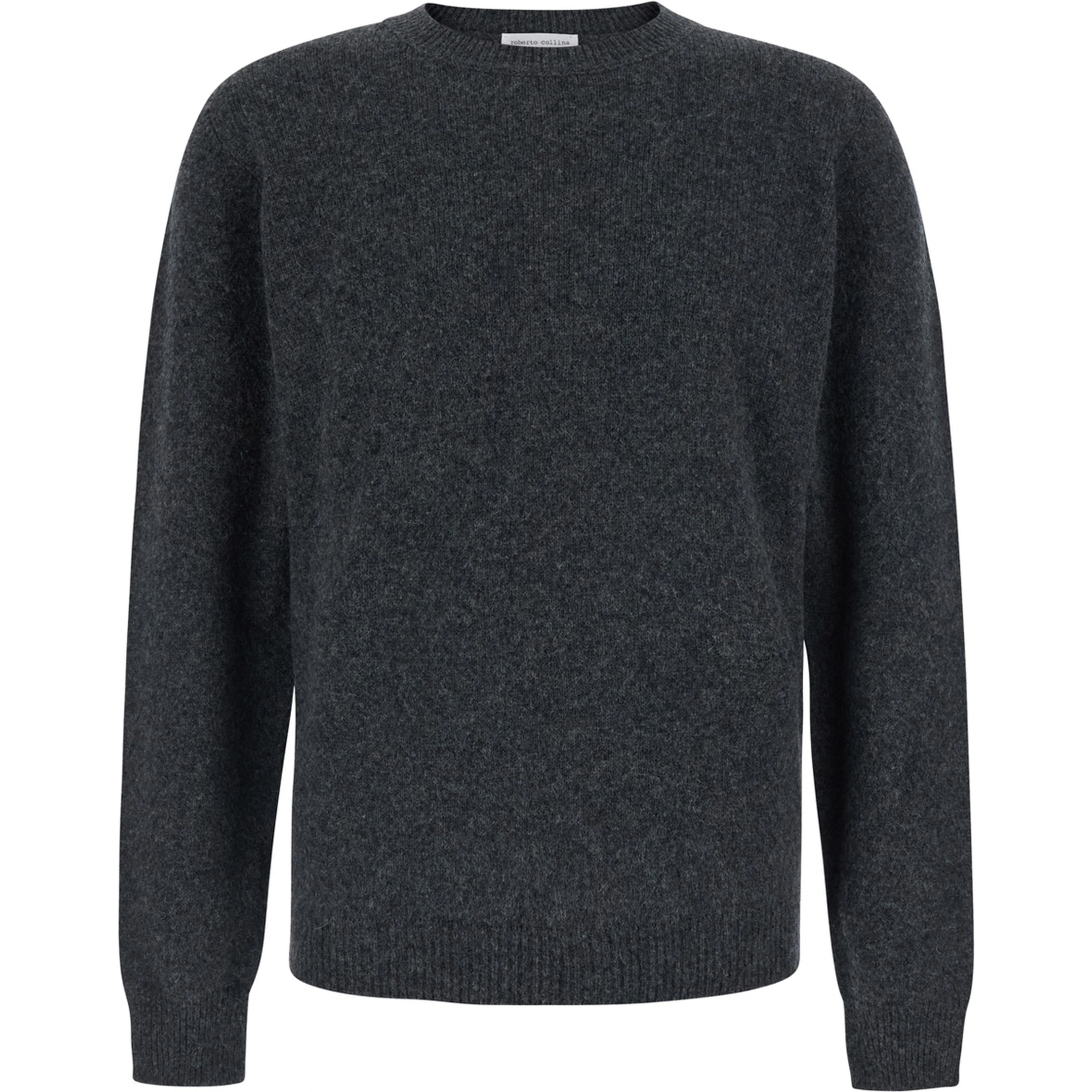 Gray Crew Neck Sweater with Ribbed Details in Blend Wool for Men