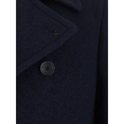 Blue Coat with Notched Revers and Button Front Closure in Wool Men