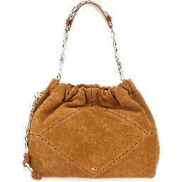 Shoulder Bag June with Chain Strap and Logo on Front in Suede Beige Woman