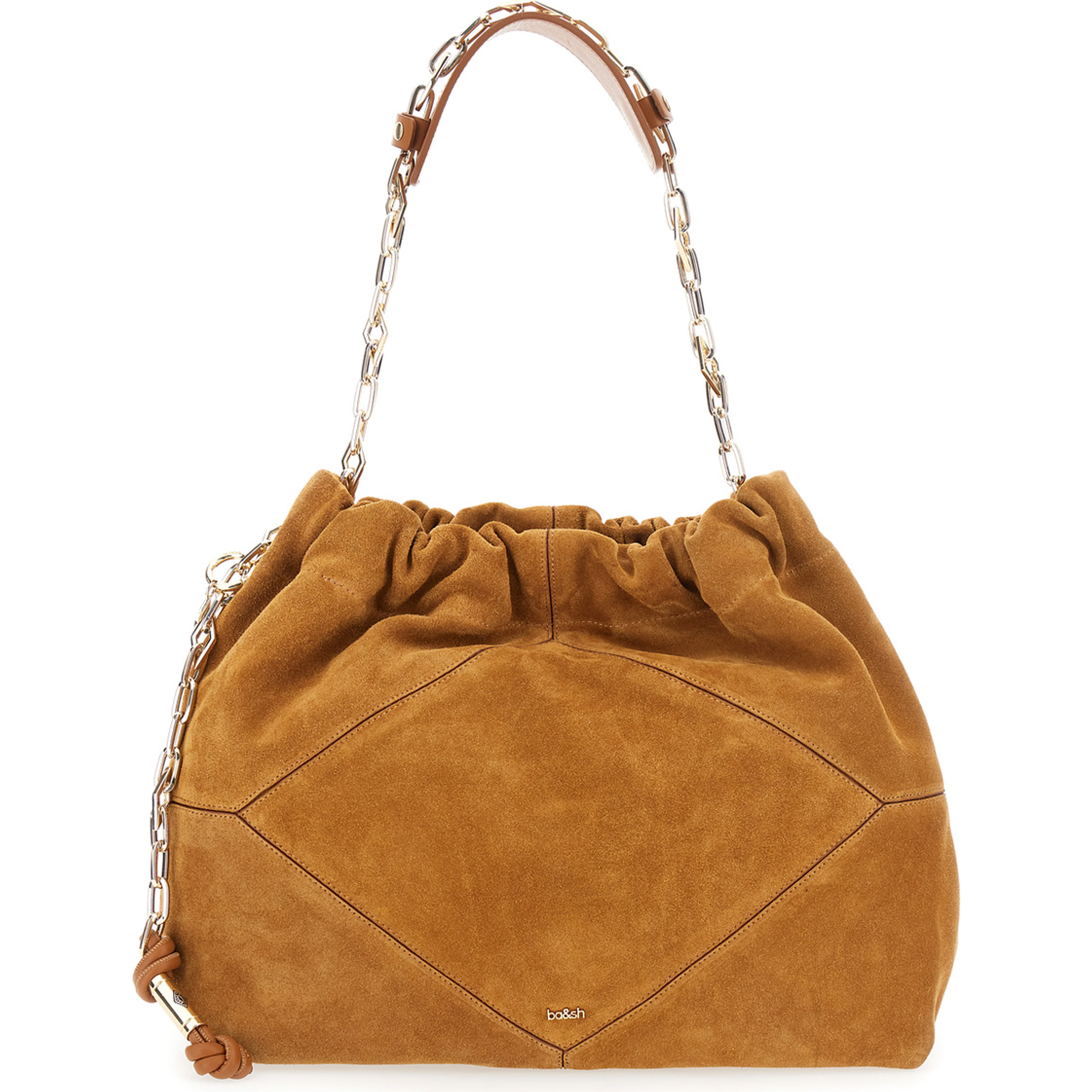 Shoulder Bag June with Chain Strap and Logo on Front in Suede Beige Woman