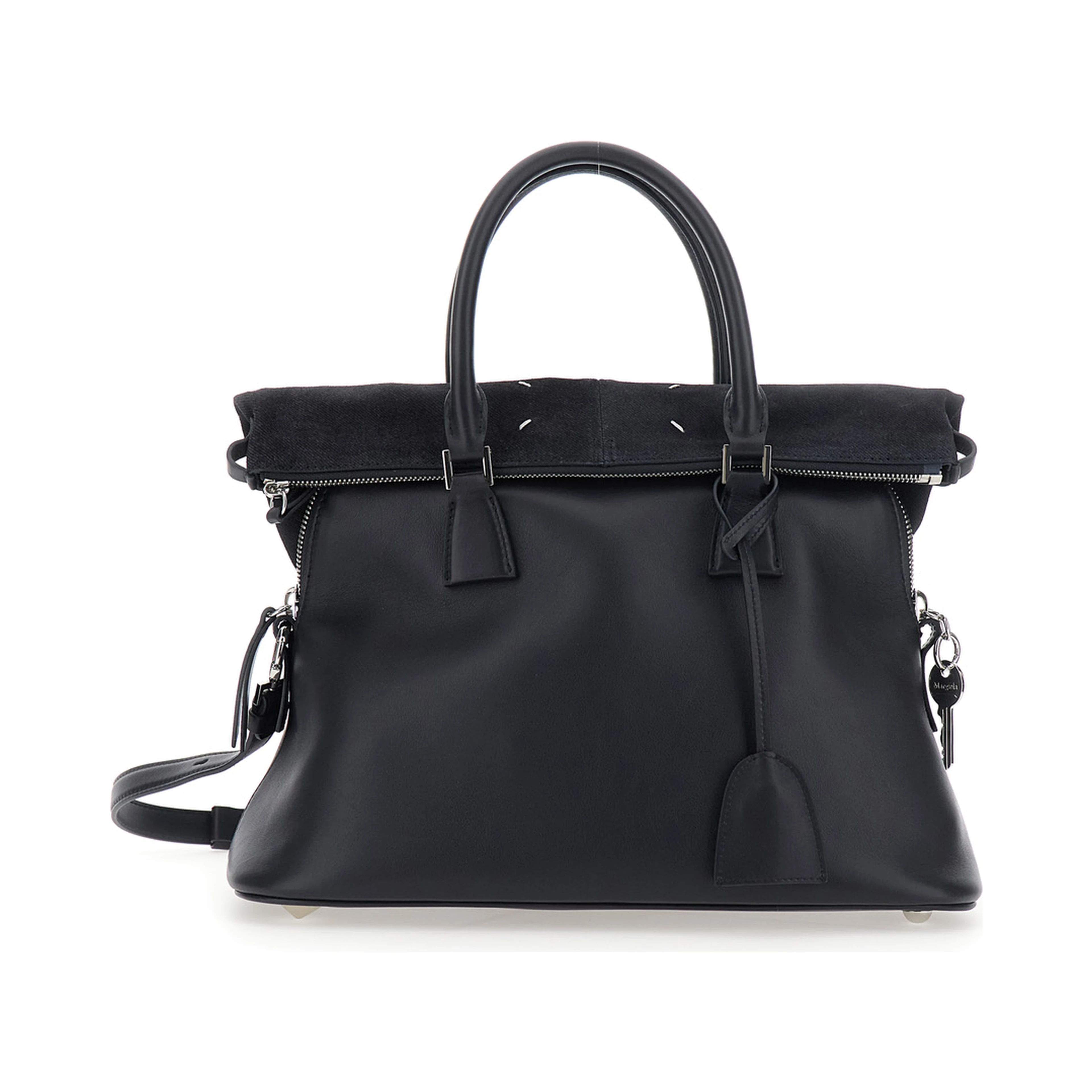 Black Crossbody bag with adjustable and removable strap and Four Stitches detail on the back in leather for women