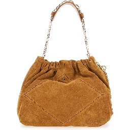 Shoulder Bag June with Chain Strap and Logo on Front in Suede Beige Woman